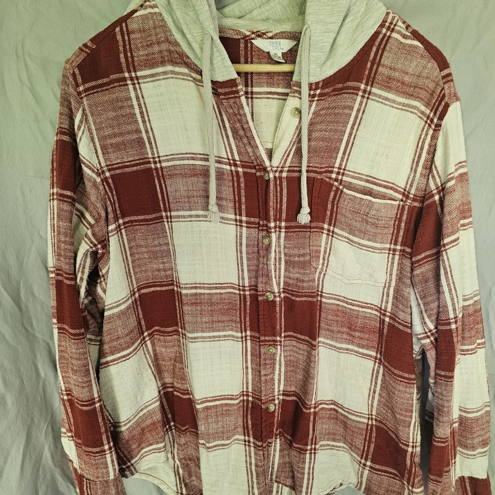 Time and Tru Red Plaid Hooded Shirt
